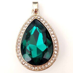 Oversized teardrop faux emerald and diamond pendant